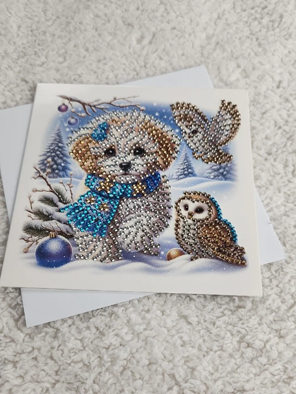 Sparkling Winter Puppy & Owls Holiday Diamond Painting Art Card - Blue Accents